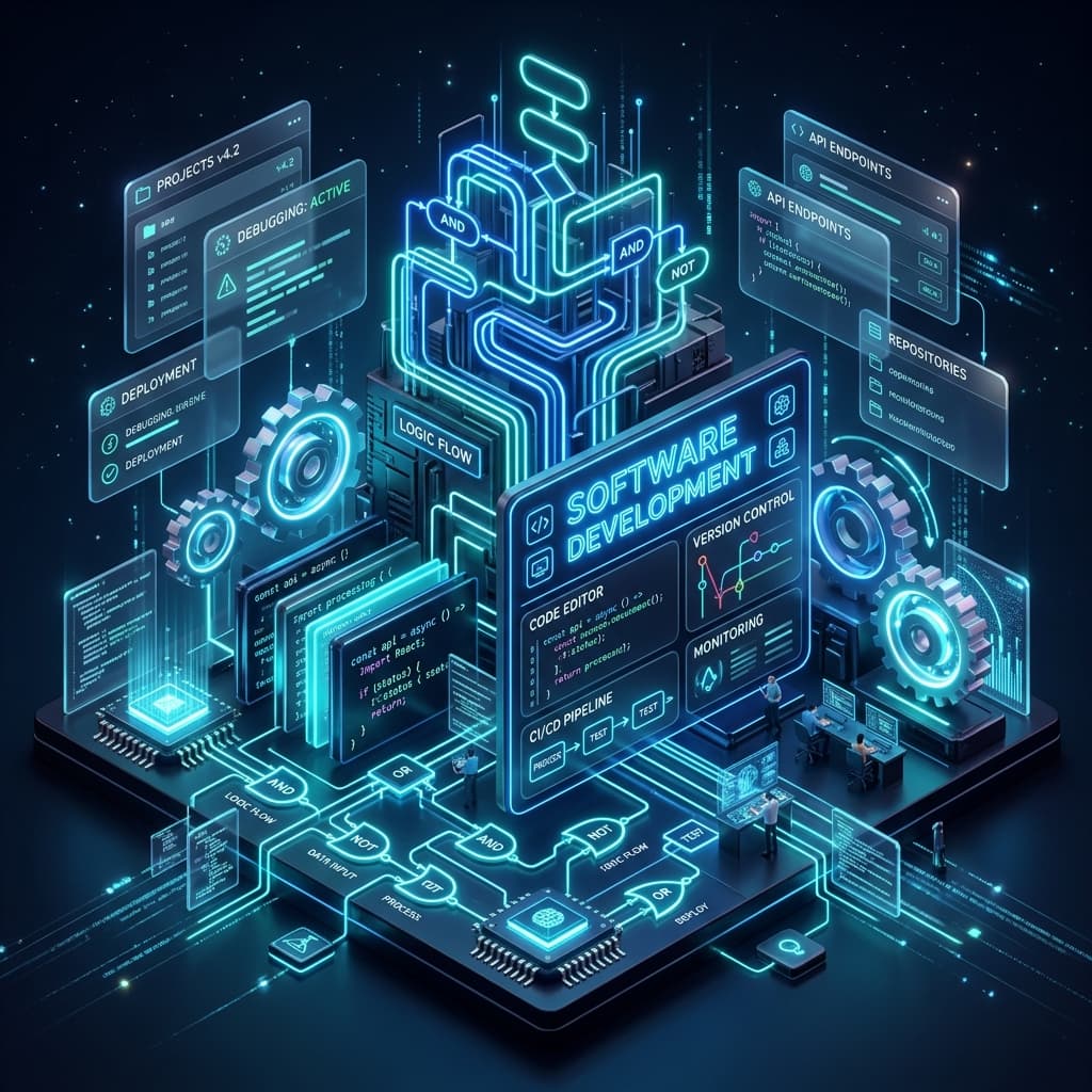 Ilustração de Desenvolvimento TDD com código e engrenagens