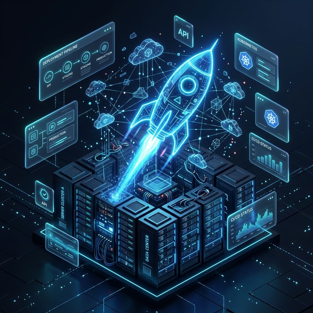 Ilustração de Deploy com foguete decolando de servidores